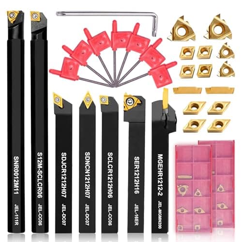 Image of Carbide Lathe Turning Tool Set, 12mm Shank 7Pcs Metal Lathe Tools for Grooving, Threading, and Woodturning - Includes 2 Box Carbide Inserts (12mm)