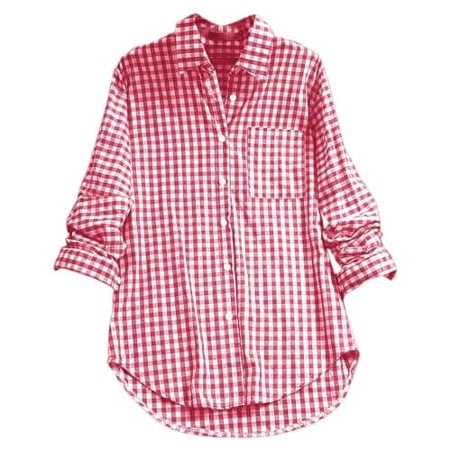 Image of Women's Checked Blouse, Gingham Shirts for Women UK Plaid Shirt Long-Sleeved Blouse Button Up Shirts Ladies Linen Tops Loose Fit with Pocket Red XL