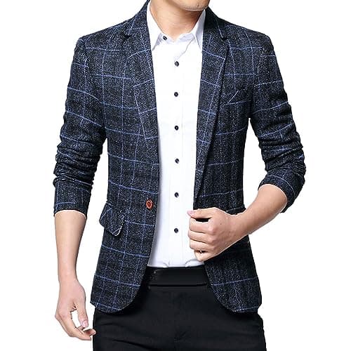 Image of Mens Plaid & Tweed Blazers - Smart Casual Business Suit Jackets, Slim Fit, One Button, Check Suit Jacket
