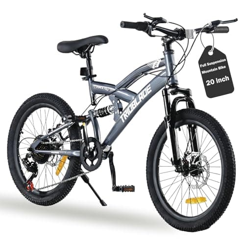 Image of TRIOBLADE 20/24/26/27.5 Inch Full Suspension Mountain Bike for Adults Teens & Youth, Dual Shock MTB Dirt Bicycle, 7/21-Speed Gears, Mechanical Disc Brakes, High-Carbon Steel Frame (Grey, 20inch)