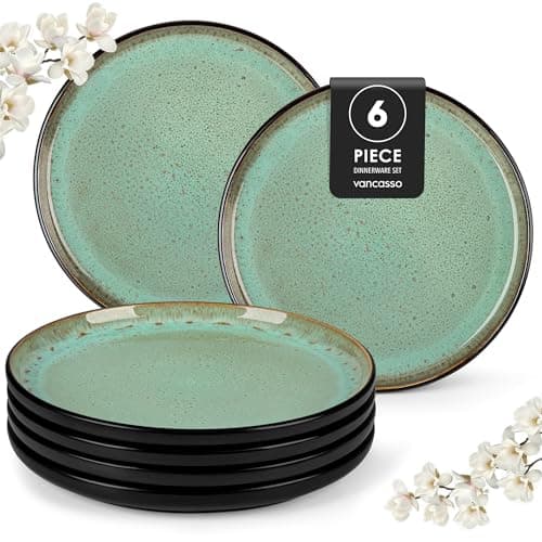 Image of vancasso Amber Dinner Plates Set of 6, 10.5in Ceramic Plate, Microwave and Dishwasher Safe, Scratch Resistant and Lead-Free, Unique Handmade Dessert Plate for Kitchen and Entertaining(Green)