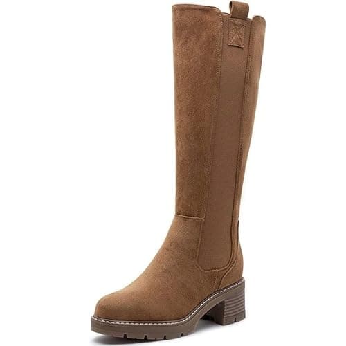 Image of LoudLook Women Mid Calf Boots Round Toe Faux Suede Zip Ladies Winter Casual Comfy Elasticated Shoes Size Camel 6