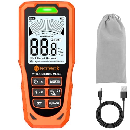 Image of Neoteck Pinless Moisture Meter for Wood, Drywall & Concrete, Digital Dampness Tester 19mm Deep Detector with 3-Colour Alerts, 6 Material Modes & Hold Function, Rechargeable Damp Detector for Homes