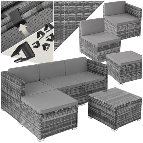 Image of tectake® Rattan Garden Sofa Set, Solid Steel Frame, Modular Sofa with 3 Chairs 1 Stool and 1 Table with Removable Safety Glass, UV-Resistant PolyRattan, Water-Repellent Covers, Easy Setup - grey