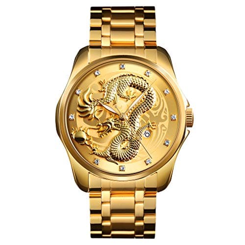 Image of FeiWen Mens Cool Stainless Steel Analog Quartz Watches Gold Dragon Fashion Casual Calendar Wrist Watch (Gold)