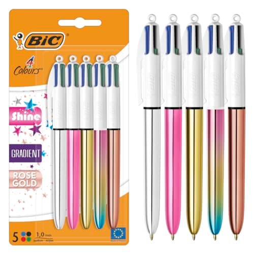 Image of BiC 4 Colours Shine and Gradient Retractable Ball Pens Medium Point (1.00 mm) in Metallic Silver, Gold, Pink, Rose Gold, and Gradient Pastel - Pack of 5
