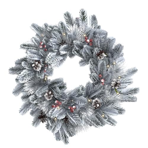 Image of CHARLES BENTLEY Indoor Outdoor 60cm Pre-Lit Red Berry & Pinecone Snowy Wreath, Christmas, Warm White Micro LED Lights, Battery Operated With No Plug, Snow-Dusted Festive Door Decoration