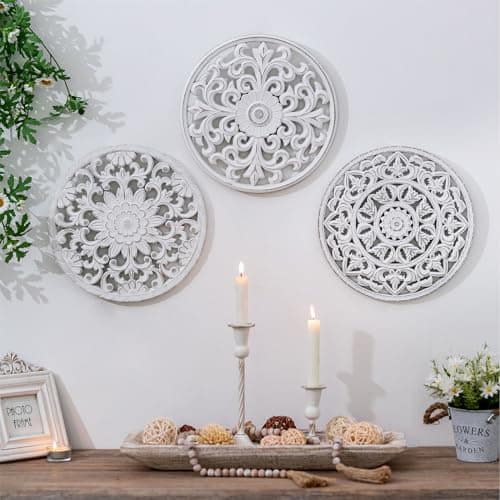 Image of Walasis Wood Wall Decor Carved Panel Distressed White Set of 3 Wooden Wall Art Hanging Decoration Rustic Sculpture Ornament for Home Hallway Bedroom Living Room Office