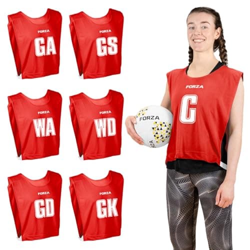 Image of FORZA Pro Netball Bibs [7 Pack] | Full Netball Player Position Bib Pack Available in 7 Colours - Breathable and Comfortable Bibs for Schools & Clubs (Red, Medium)