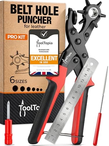 Image of ToolTopia Belt Hole Puncher for Leather – Heavy Duty Rotary Hole Puncher with 6 Sizes, Comfort Lever, Leather Belt Hole Punch for Belts, Watches, Shoes, Fabric and PVC - Red