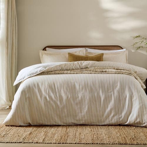 Image of furn. Yard Hebden 100% Cotton Stripe Duvet Cover Set – Reversible Striped Bedding (Honey Yellow, Double)