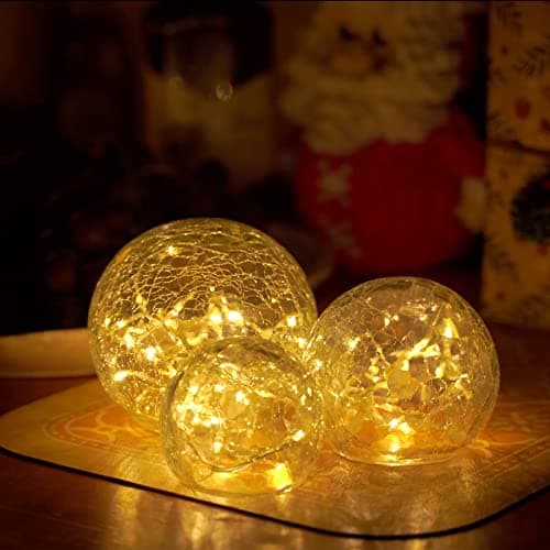 Image of Zodight LED Glass Ball Set of 3, Warm White Christmas Decoration Illuminated With Crackle Glass, 8 Modes Decorative Lamp Battery Operated for Indoor