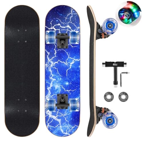 Image of GIEEU Skateboards with Colorful Flashing Wheels for Beginners,Kids,Teens,Adults,31 x 8 Inch Complete Standard Skate Boards 9 Layer Canadian Maple Deck Concave Skateboard (Lightning Skateboard-UK)