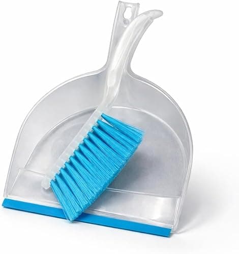 Image of Dustpan & Brush Set Durable Bristles Easy to Sweep Translucent Plastic, Blue Rubber Lip, Dense Bristles, Ergonomic Handle Big Pan, Nesting Storage (Pack of 1)