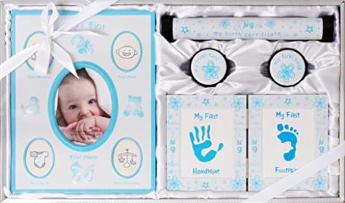 Image of New Baby Boy Christening Gift 5 Piece Set First Frame Tooth Curl Handprint Footprint Kit White Blue