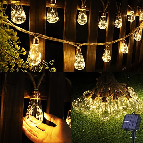 Image of Geemoo Solar Outdoor Hemp Rope String Lights - 8M 160 LED Waterproof Festoon with 16 Shatterproof Bulbs for Garden, Patio, Party, Yard, Xmas Decoration (Warm White)