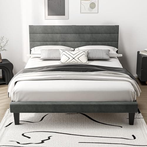 Image of Bonnlo 5ft King Bed Frame, Noise-Free Upholstered Platform Bed with Adjustable Headboard & Under Bed Storage - Sturdy Wooden Slat Support - No Box Spring Needed, Velvet, Dark Grey, 150 x 200 cm