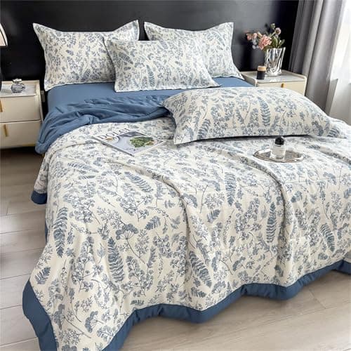 Image of Highdi Summer Floral Print Reversible Bed Throws Quilted Bedspreads,Lightweight Patchwork Quilt Comforter Single Double,Cotton Throw Summer Quilt,Quilted Blanket All Seasons (Blue,200x230cm)