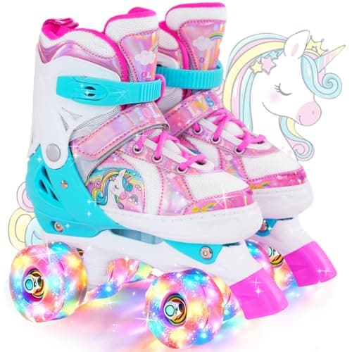 Image of OLYSPM Kids Roller Skates,Roller Boots,4 Sizes Adjustable Quad Skates with 9 Flashing Wheels,Roller Skates for Girls,Boys and Beginner(Pink,M)
