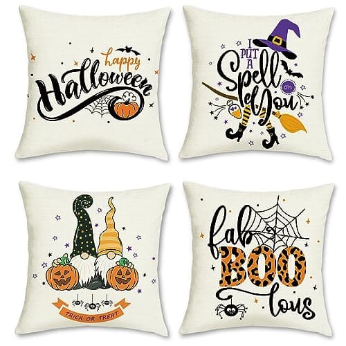Image of Bonhause Halloween Cushion Covers 45 x 45 cm Pumpkin Gnome Trick Or Treat Decorative Throw Pillow Covers Polyester Linen Pillowcases for Sofa Bed Outdoor Halloween Decor Set of 4