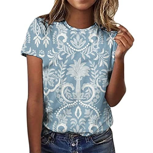 Image of HSUAYEUD Womens Summer Tops Summer Tops for Women UK Casual Print Short Sleeve Tops Crew Neck Blouse and Shirts Loose Fit Women T-Shirts White 5XL