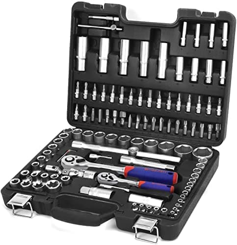 Image of WORKPRO 108-Piece 1/4"&1/2" Drive Socket Set with Bits, Quick Release Ratchet Wrench - CR-V Mechanic Tool Set for DIY, Car Repair