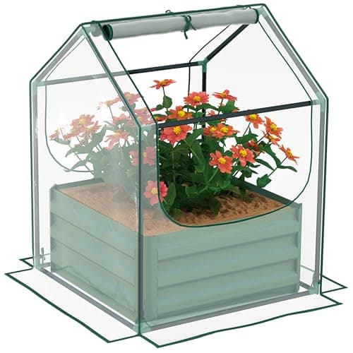 Image of Outsunny Raised Garden Bed with Mini Greenhouse, Outdoor Metal Planter Box with Cover, for Herbs and Vegetables, Use for Patio, Garden, Balcony, Clear and Green