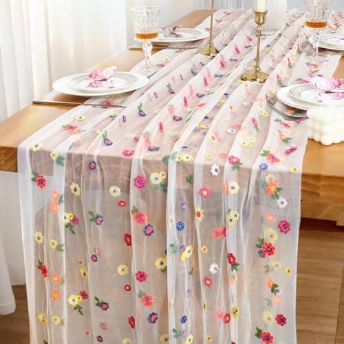 Image of Dremisland Ivory Embroidery Daisy Gauze Table Runner Spring Decor 120 Inch Boho Gauze Cheesecloths Dining Table Runner Flower Table Decor Tulle Table Cover for Kitchen Home Party Wedding Birthday