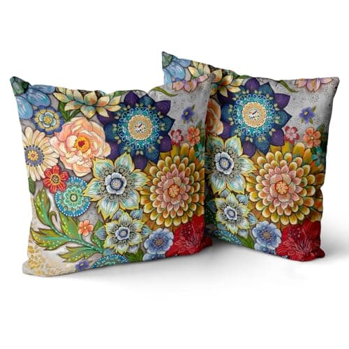 Image of Snylcce Boho Floral Throw Pillow Covers Set of 2 Colorful Bohemian Flower Decorative Cushions Pillowcase for Bedroom Sofa Home Decor, 30x50 CM, Velvet, Short Plush