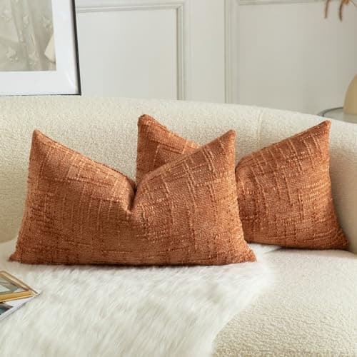 Image of Mandioo Pack of 2 Solid Decorative Soft Chenille Burnt Brick Cushion Covers 30x50cm 12x20 Inch Lumbar Accent Solid Throw Pillow Case Soft Cozy Luxury Pillow Covers for Sofa Couch Bedroom