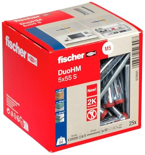 Image of fischer DuoHM 5 x 55 S PZ Cavity Dowels with Metric Panhead Screw and PZ Drive for Attaching TV Brackets, Lights, Wall Shelves, etc. in Panel Building Materials, Pack of 25