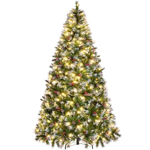 Image of Yaheetech 7ft Pre-lit Frosted Artificial Hinged Christmas Tree with 80 Pinecones & Holly Berries, 1214 Flocked PVC Tips, 400 Warm White Lights, Foldable Stand, Green
