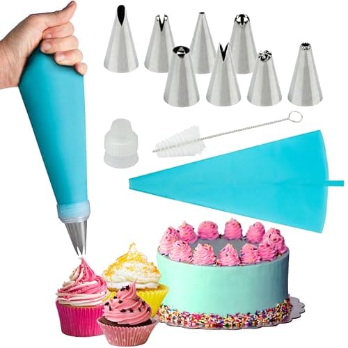 Image of Silicone Piping Bags, 8 pcs Stainless Steel Nozzles Set with Coupler, 30cmx17cm-1 Reusable Icing Piping Bag with Cleaning Brush for Decorating Cakes, Pastries & Cupcakes (Pack of 11)