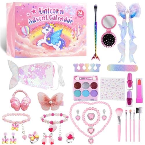 Image of Unicorn Advent Calendar 2025 Girls, Christmas Countdown Calendar 24 Days of Surprises Includes Bracelets Necklaces Rings Hair Clips Makeup and Coin Purses, Christmas Gifts for Girls Kids (Pink)
