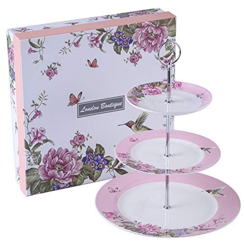 Image of London Boutique Cake Stand afternoon tea stands 3 tier cake stand Vintage Bird Rose Butterfly New Bone China Serving Plate for Tea Party High tea Gift for Her (Pink)