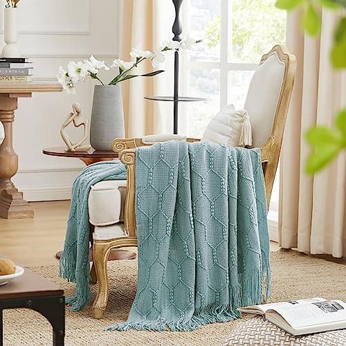 Image of KASYLAN Diamond Knitted Throw Blanket Textured Solid Soft Sofa Throw Couch Knitted Decorative Blanket, 127x152cm Aqua