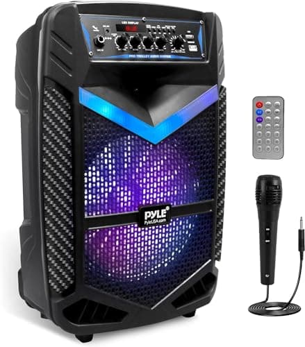 Image of Pyle, Portable PA Speaker, Bluetooth- Loudspeakers, 600W Rechargeable w/ 10” Subwoofer 1” Tweeter, Pa System w/Wireless Microphone, Dj Speakers, w/Recording Function/Mic Input/Lights/USB/SD/Radio