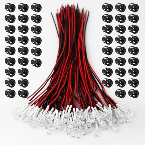 Image of OWOFYDR 50 Pcs 5MM White Pre-Wired LED Diodes, 6500K Cool White 3-12V DC with 20cm Wires & Mounting Rings, 120° Diffused Lens for UK Model Making, STEM Education, Car Indicator