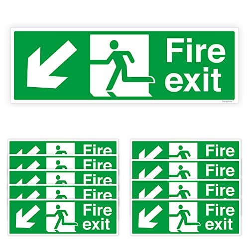 Image of Pack of 10 Fire Exit Arrow Down Left (300 x 100 mm) Fire Exit Stickers Self Adhesive Fire Exit Sign Waterproof Sticker Sara Prints