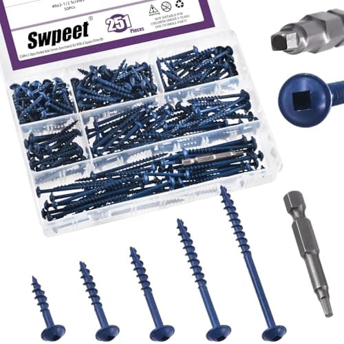 Image of Swpeet 250Pcs 5 Sizes # 8 × 1", 1-1/4", 1-1/2", 2", 2-1/2" Pocket Hole Screws with 1Pc Drive Bit Assortment Kit, Coarse Thread Wood Screws, Self Tapping, Square Drive, Blue Coated Pocket Hole Screws
