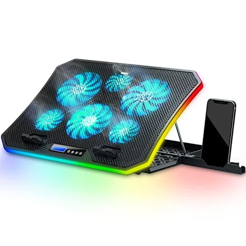 Image of TopMate C12 Laptop Cooling Pad RGB Gaming Notebook Cooler for Desk and Lap Use, Laptop Fan Stand 8 Adjustable Heights with 6 Quiet Fans and Phone Holder, for 15.6-17.3 Inch Laptops -Ice Blue LED Light