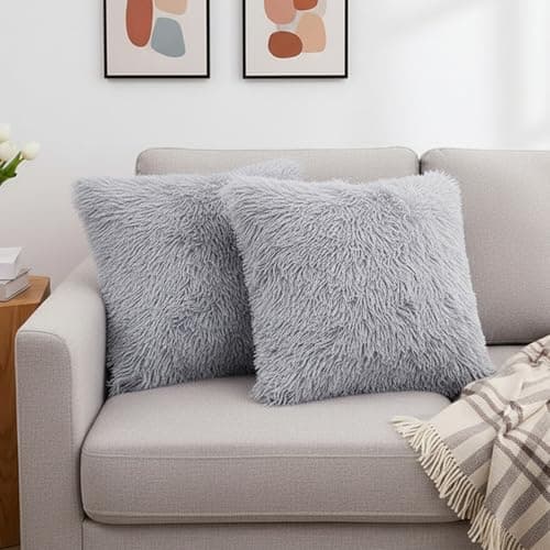 Image of Xqzbmt 2-Pack Faux Fur Cushion Covers 45x45cm - Grey Fluffy Pillow Decor, Soft Plush Cushion Covers Only for Sofa & Bedroom 18x18inches