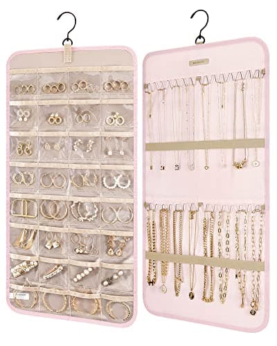 Image of bagsmart Dual-sided Jewelry Organizer Hanging with Metal Hooks,32 Pockets and 2 Wave-Shaped Hooks,Jewelry Roll for Earrings,Necklaces,Rings on Closet,Wall,Door,1 piece, Small, Pink