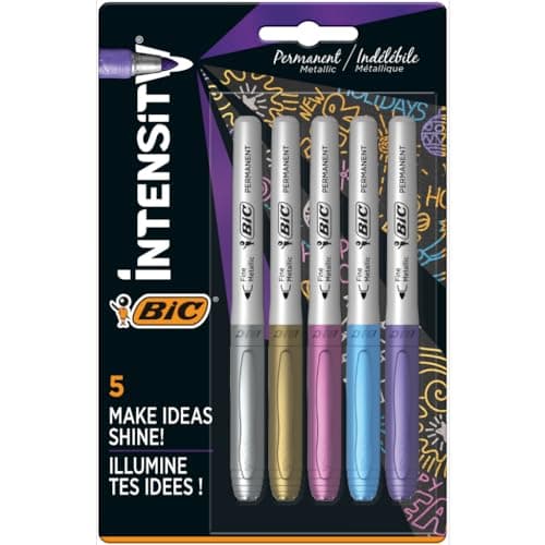 Image of BIC Metallic Permanent Markers - Pack of 5 - Variety of Metallic Colours - For Dark and Light Surfaces - Low Odour (assorted model)