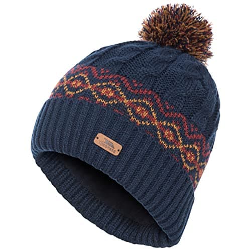 Image of Trespass Mens Beanie Andrews-Knitted Hat with Pom Pom-Fully Fleece Lined, Leatherette Badge, 100% Polyester Lining, 100% Acrylic Outer Navy