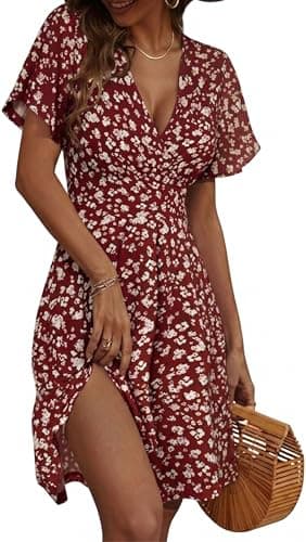Image of Zeagoo Women's Summer Dresses Short Sleeve V-Neck Dress Floral Wrap Sundress Ruffle Sleeve A-Line Dress with Pockets Red Floral M
