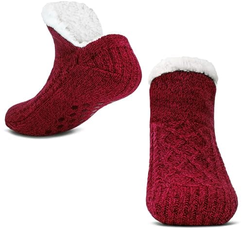 Image of Tolumo Slipper Socks for Women Men Warm Holding Sock Non Slip Knitted Thick Lined Cosy Winter Fluffy Bed Slippers Suitable for Indoor Home House Floor Red