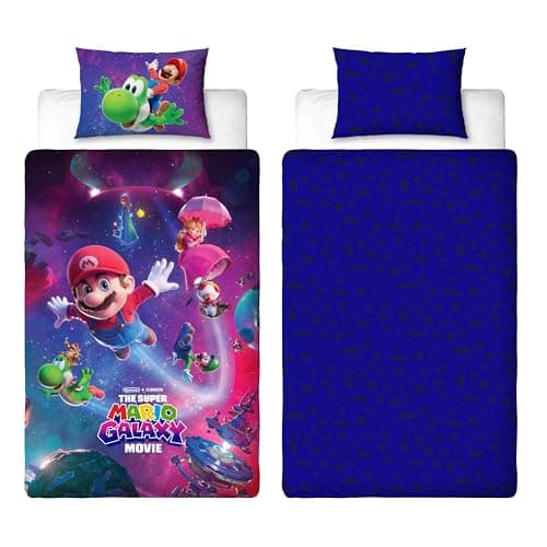 Image of The Super Mario Galaxy Movie Officially Licensed Single Duvet Cover Set | Super Design | Black Reversible 2 Sided Bedding Cover Official Merchandise Including Matching Pillow Case | Multicolour