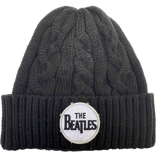 Image of The Beatles Beanie Hat Drum Band Logo Cable Knit Official Black Unisex One Size