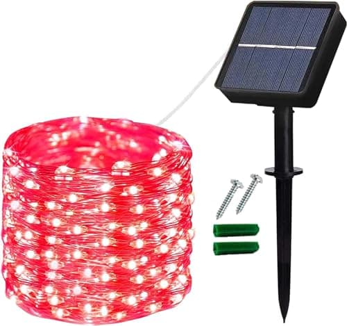 Image of Lezonic Solar String Lights Outdoor, 12M/40Ft 120LED Waterproof Fairy Lights, 8 Modes Copper Wire Solar Garden Lights for Home, Patio, Yard, Gazebo, Fence, Party, Wedding Decoration (Red)